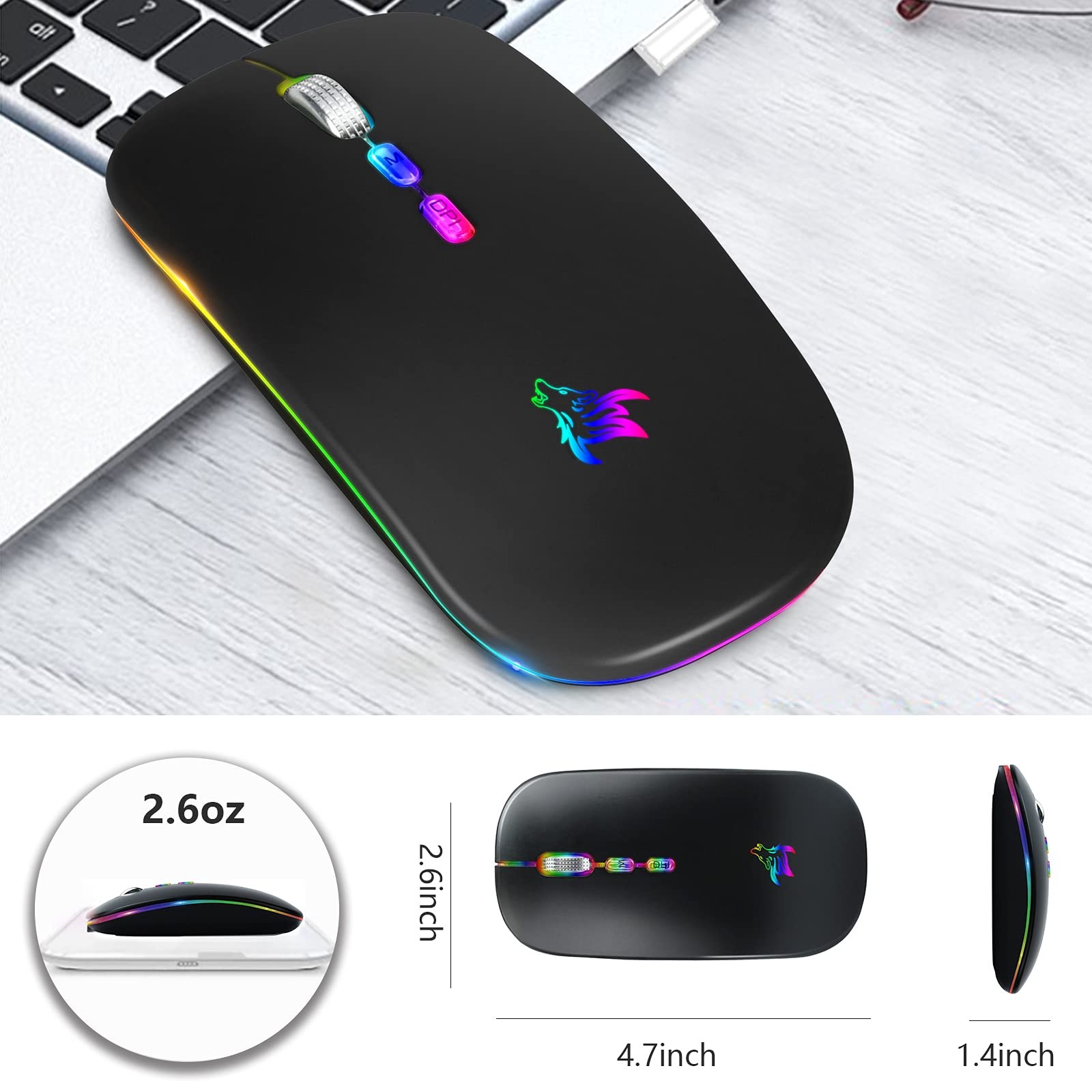 Hotlife Led Wireless Mouse, Slim Rechargeable Silent Portable Usb Opti