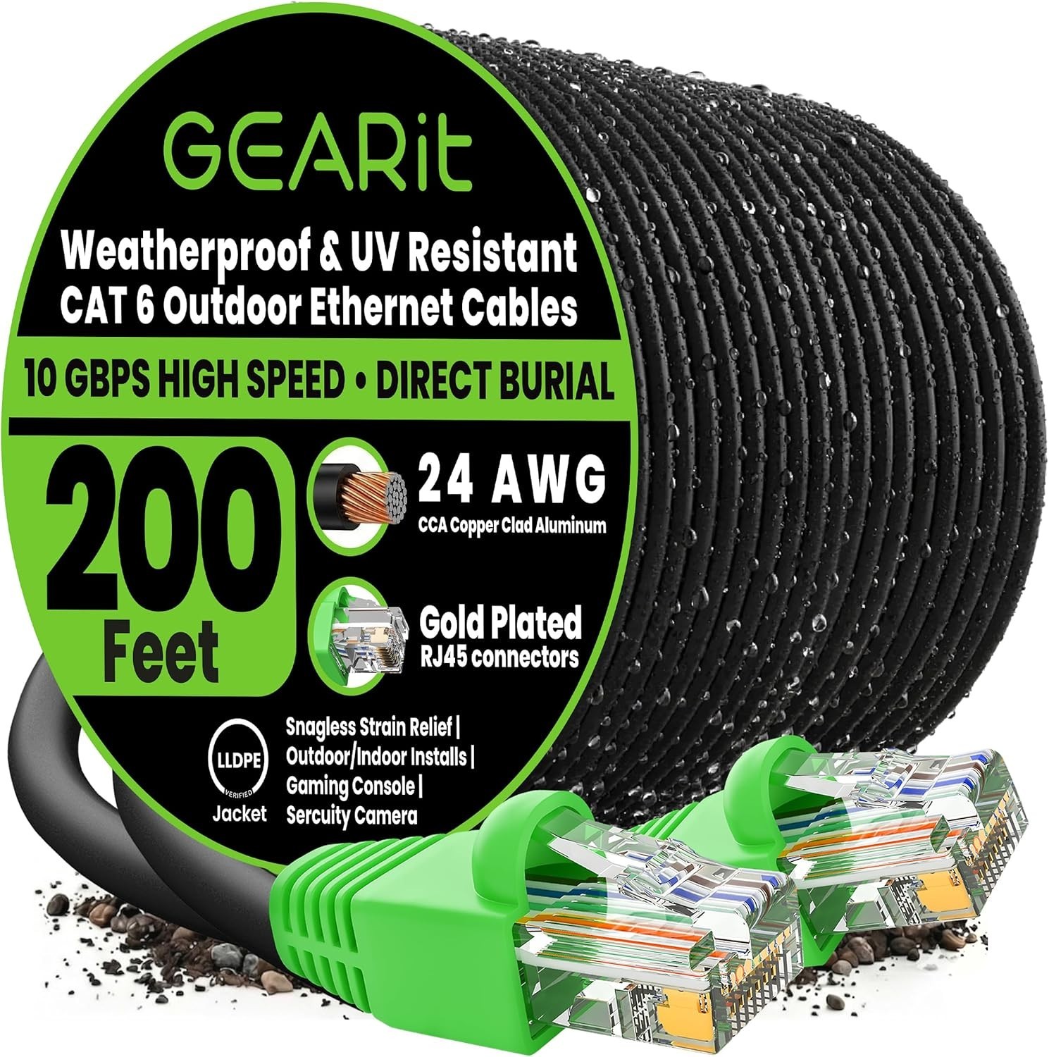 Outdoor Cat6 Ethernet Cable 200ft – High-Speed Up to 10Gbps with RJ45 Connectors