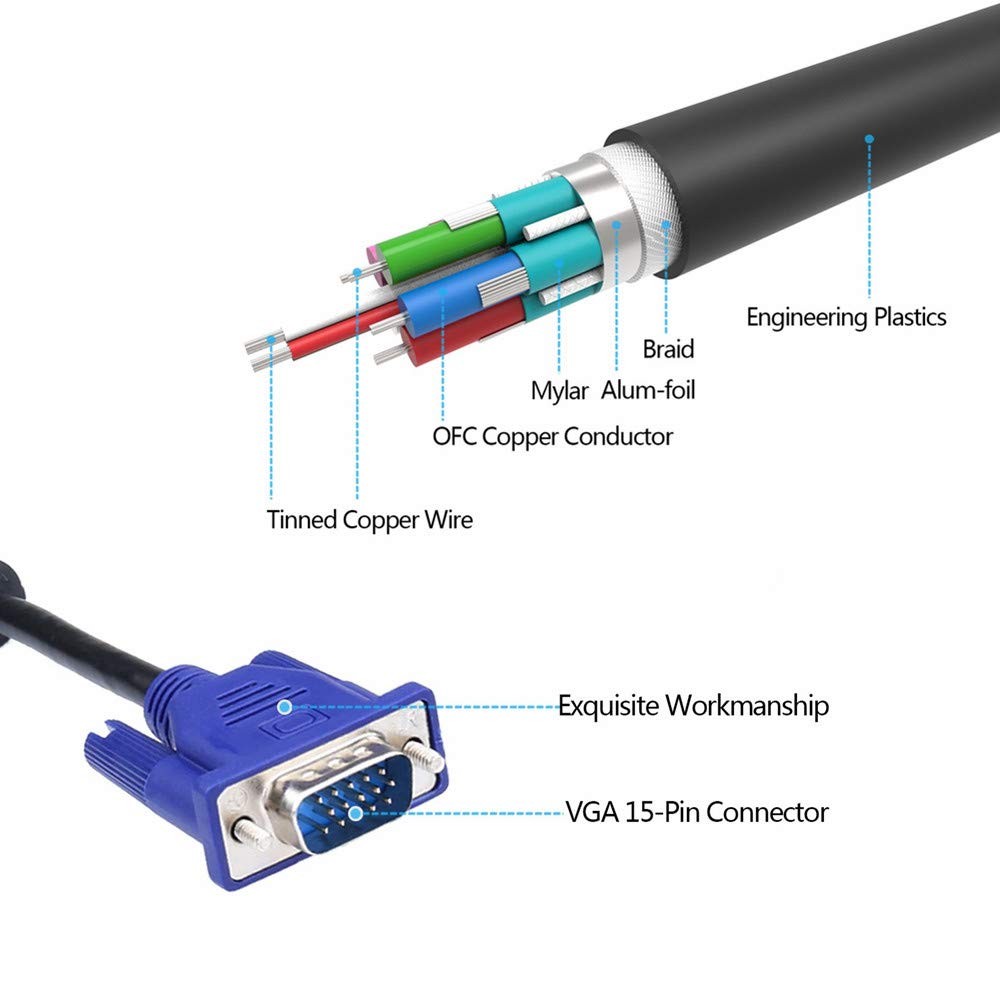 HD15 15Pin Gold Plated DB15 VGA Male to Male Monitor Cable to TV Computer Mon…