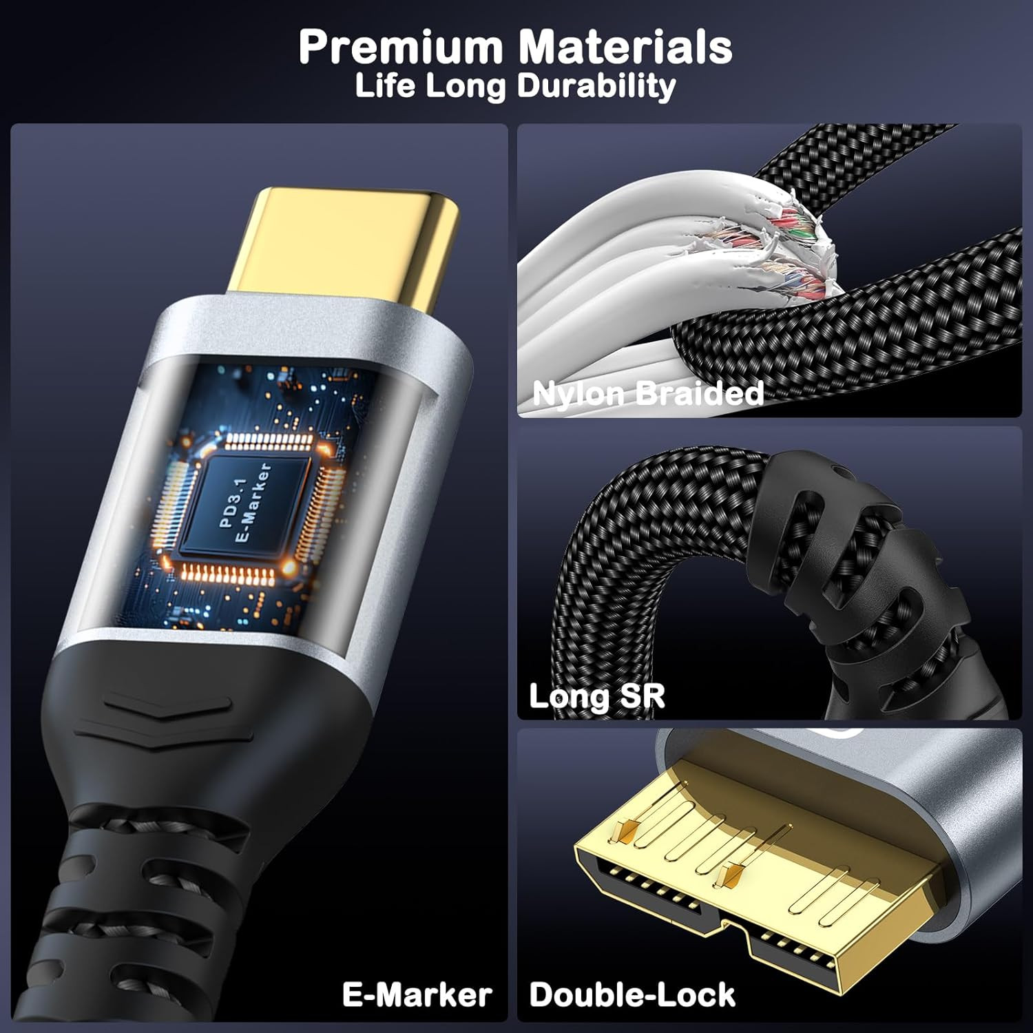 10 Gbps Micro B to USB C Cable, 1Ft 1.5Ft 3Ft 6Ft 10Ft Gold-Plated