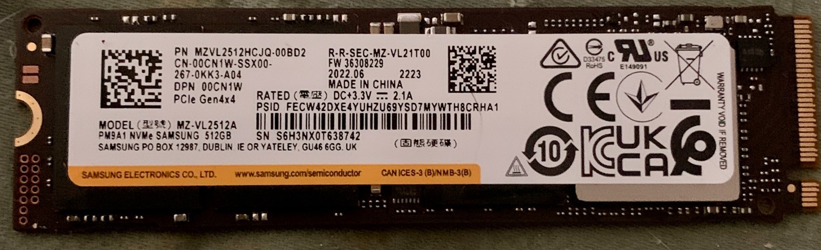 Samsung PM9A1 512GB M.2 2280 PCIe Gen4 NVMe SSD MZ-VL2512A Dell 00CN1W