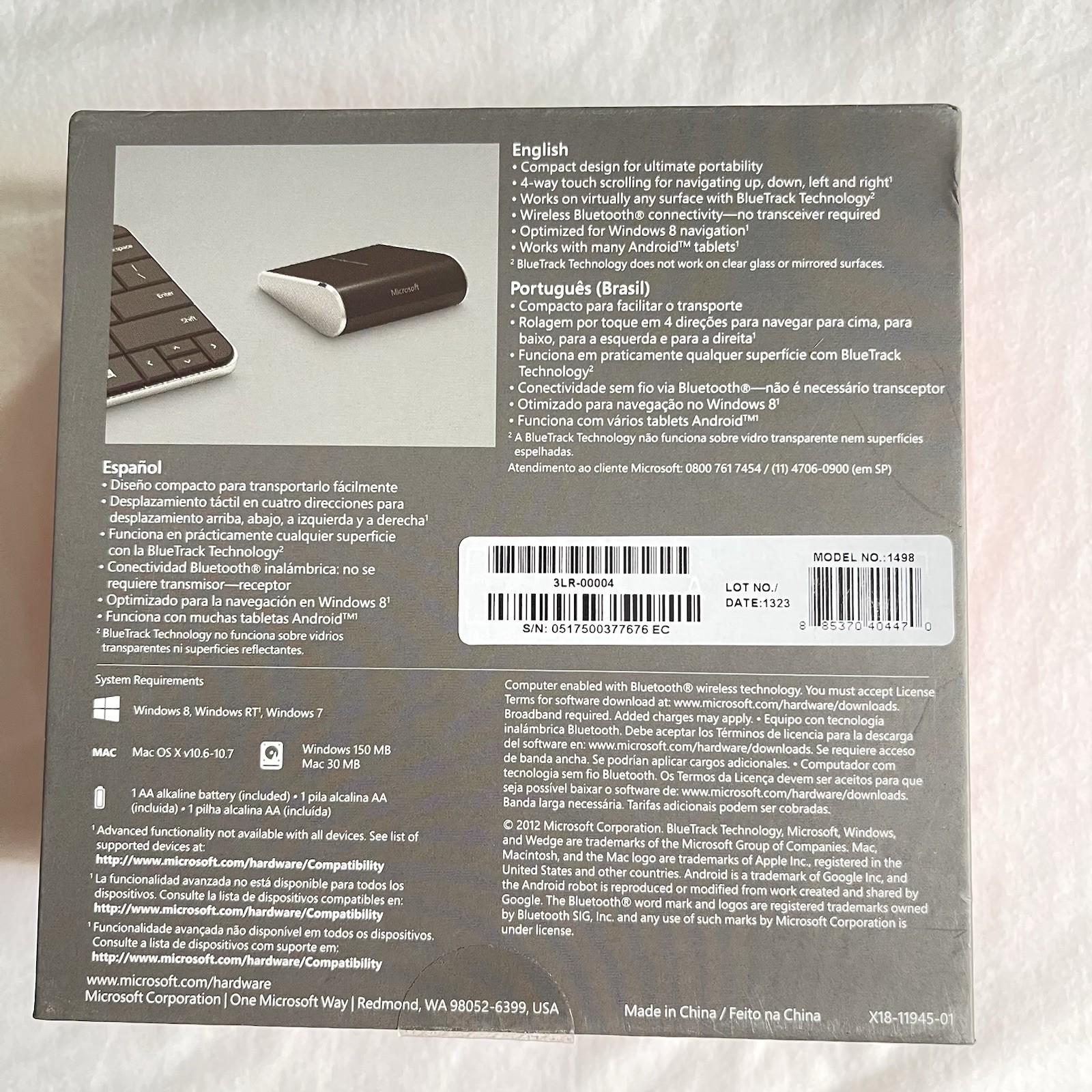Microsoft Wedge Touch Bluetooth Mouse Model 1498 NEW OPEN BOX – tested