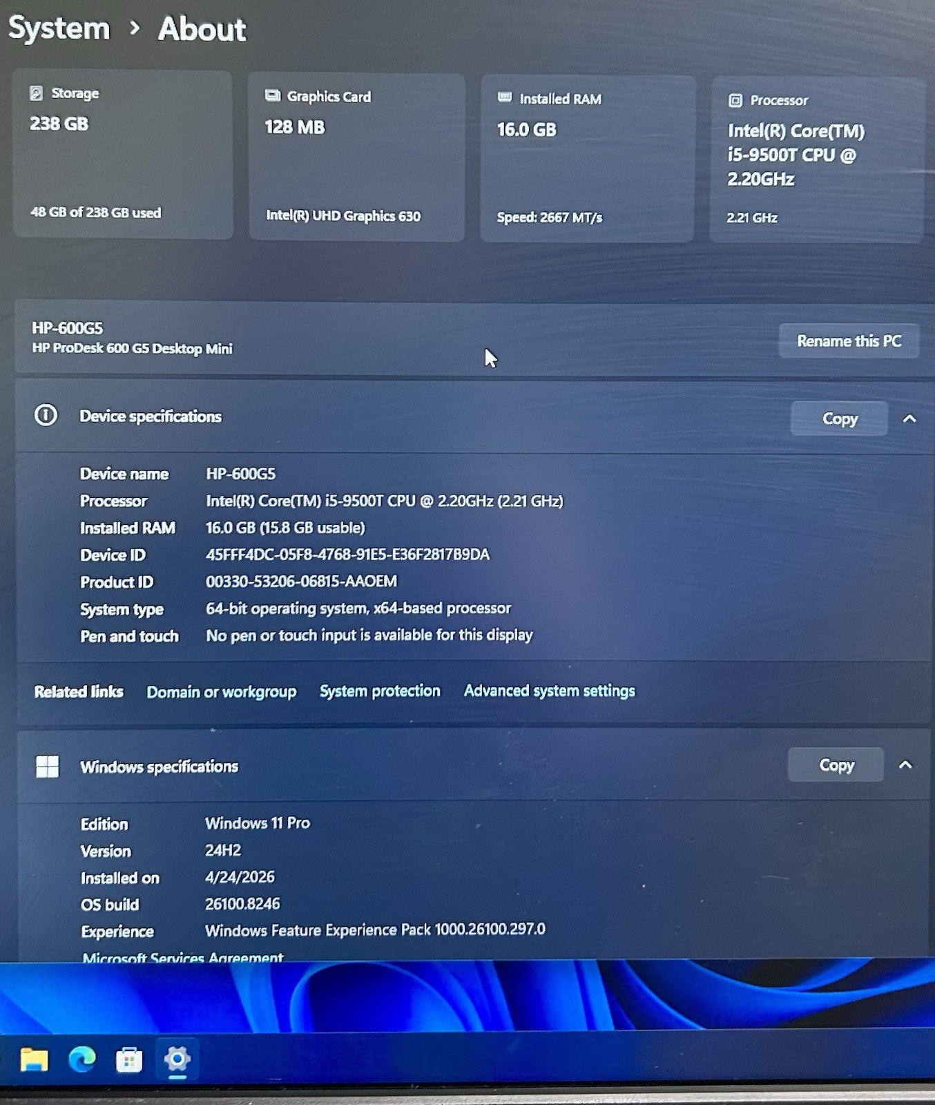 HP ProDesk 600 G5 Mini Core i5-9500T 2.2GHz 16GB RAM 256GB Nvme WiFi Win 11 AC