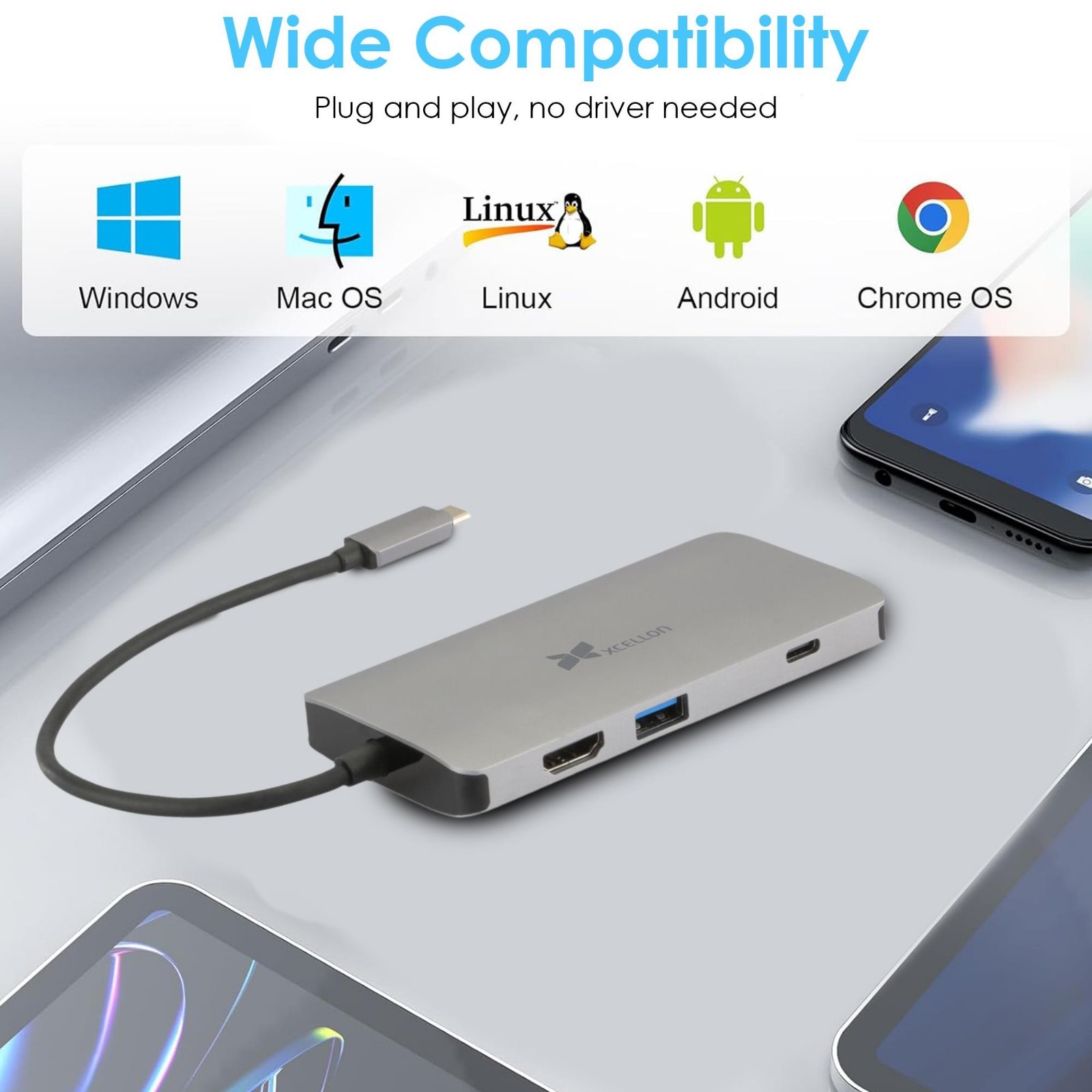 Xcellon 8-in-1 USB-C Hub HDMI 2.0 Gigabit Ethernet 3.2 Gen 1 Multimedia Hub