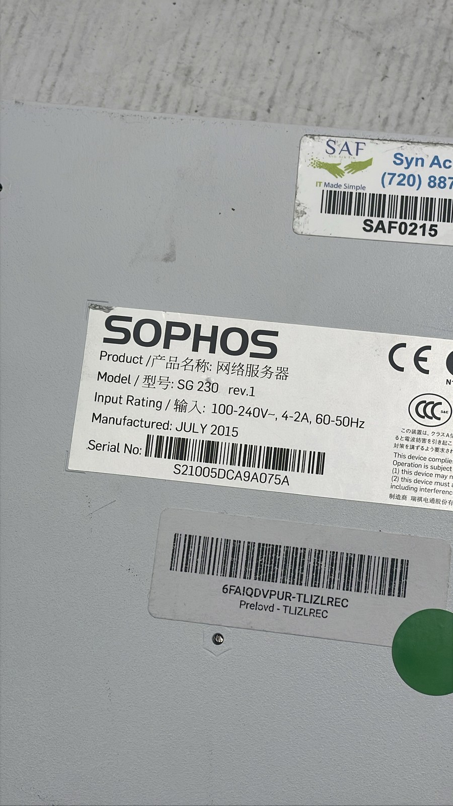 Sophos SG 230 Rev.1 1U Rackmount Network Gateway Firewall Security Appliance
