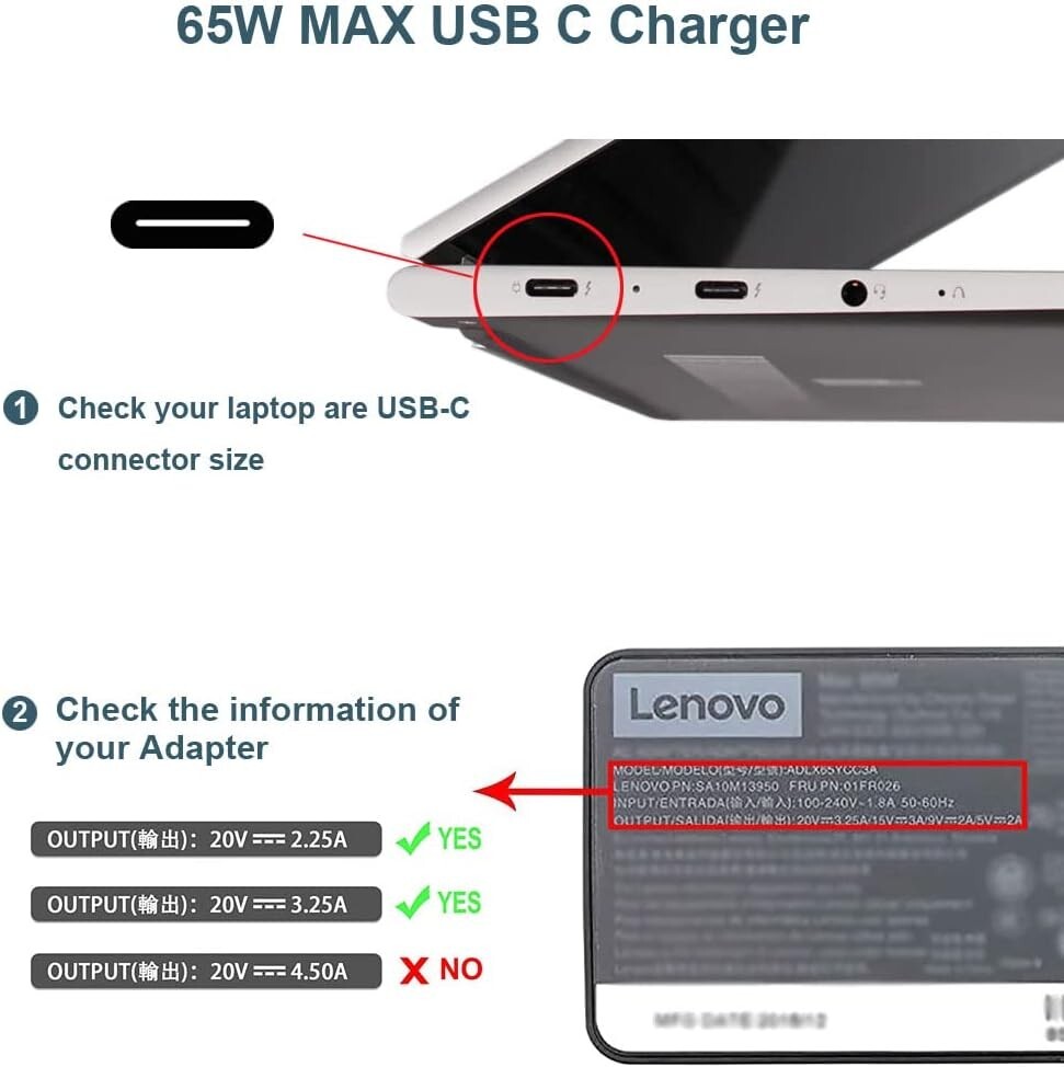 65W Power Adapter Charger for Lenovo ThinkPad X1-Carbon 5th 6th 7th 8th Gen