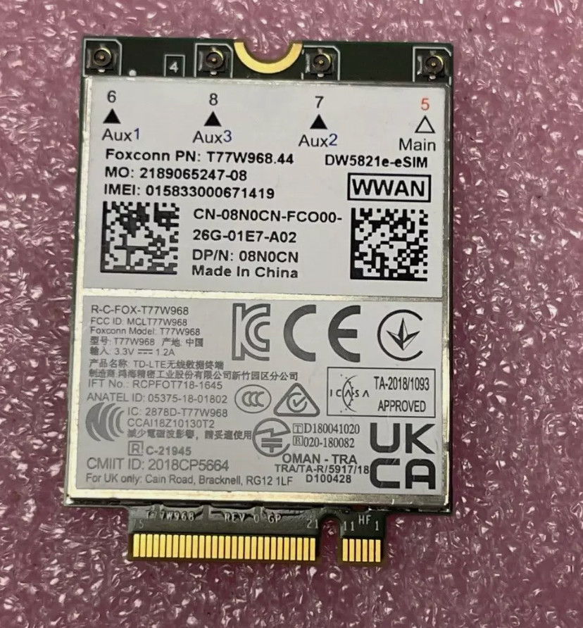 Dell DW5821e-eSIM Foxcon T77W968 Snapdragon X20 LTE 4G WWAN Card Module 8N0CN