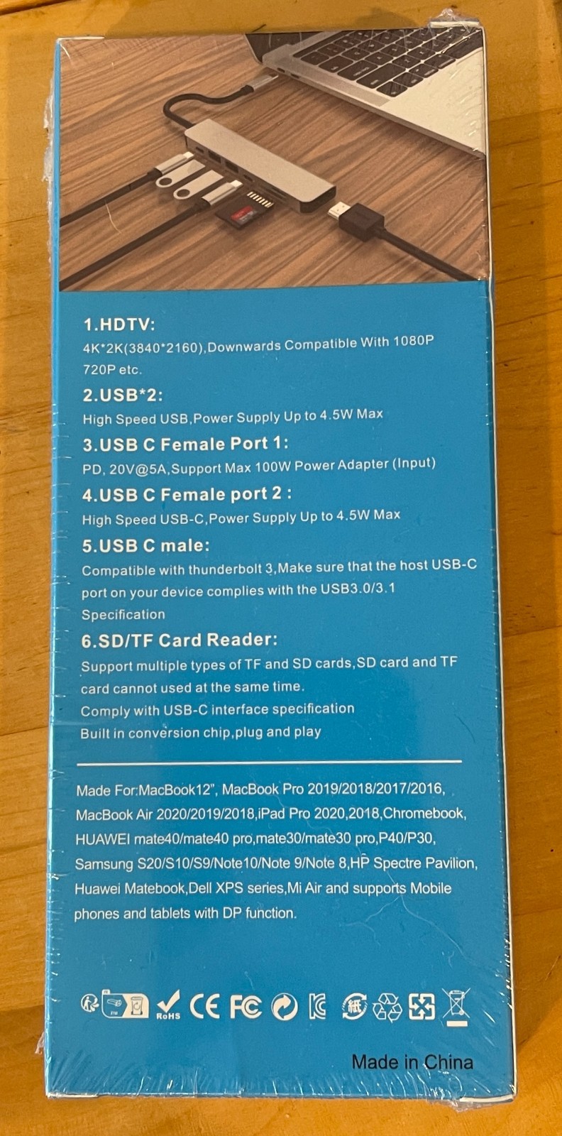 USB-HUB/DOCK 7in1 connections; HDMI, x2 USB C female ports, SD Card reader