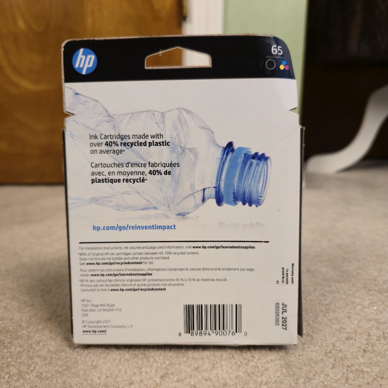 GENUINE HP 65 2-pack Black/Tri-color Original Ink Cartridges, Exp: 07/2027