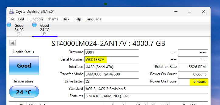 4TB SATA 2.5″ SEAGATE ST4000LM024 sn: WCK 1BR7V *** ZERO HOURS ***