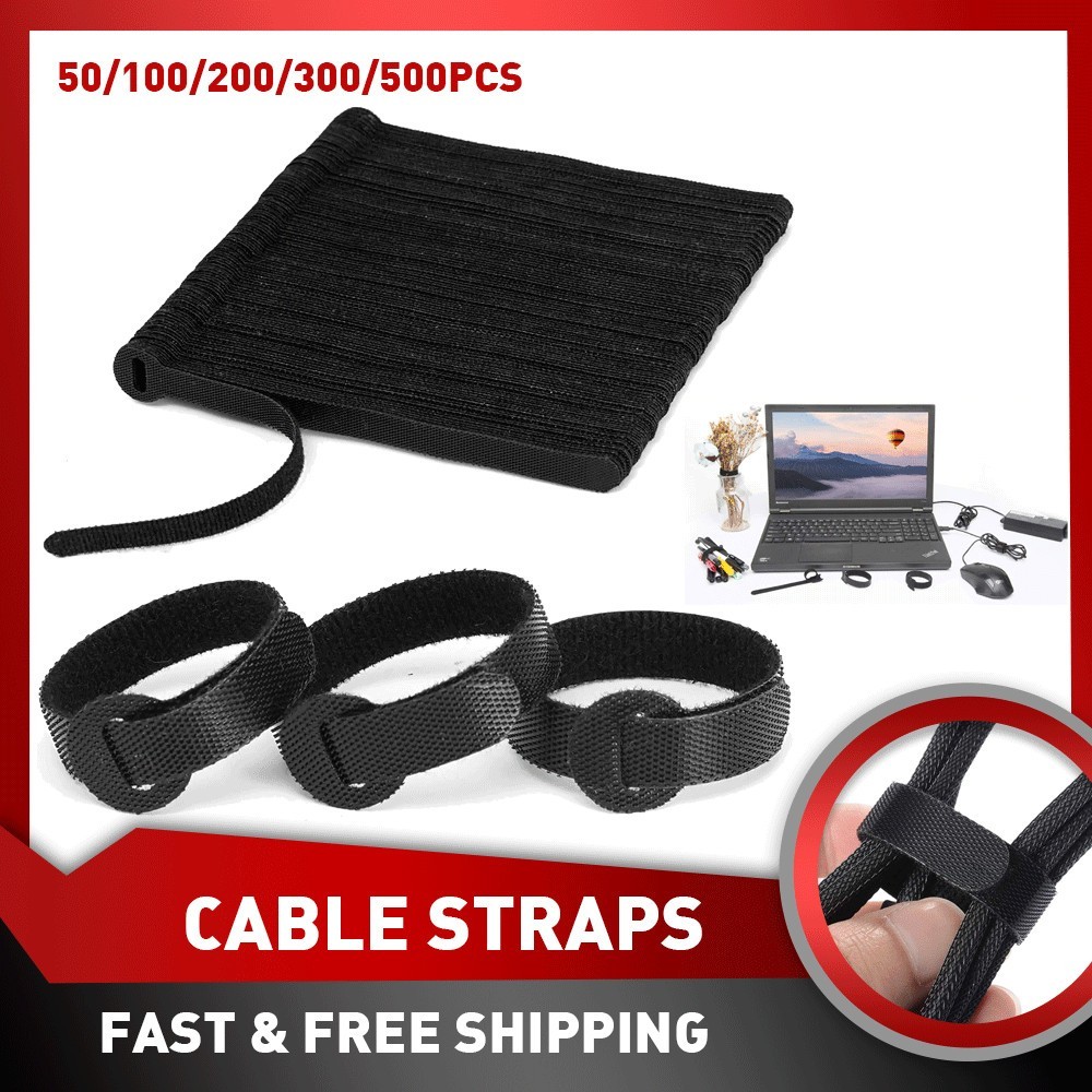 50/100/200/300pcs Cable Straps Wire Cord Hook Loop Fastening Tie Organizer Black