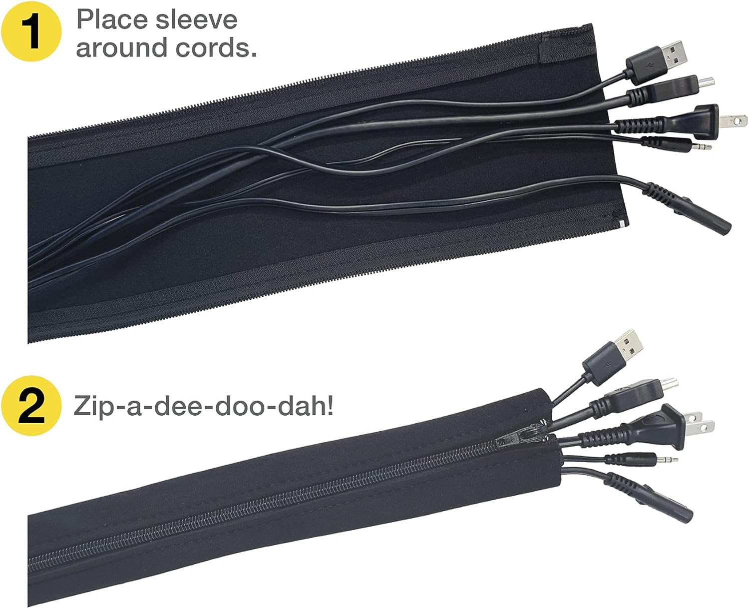 Zipper Cable Sleeve Cord Organizer Wire Cover 24 Inch 4 Pack Black Desk TV Cable