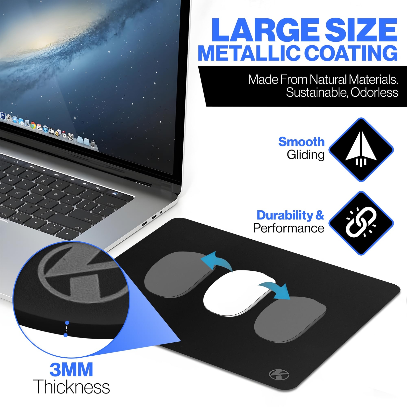 Metallic Coated Hard Surface Mouse Pad Black High Performance Smooth Glide