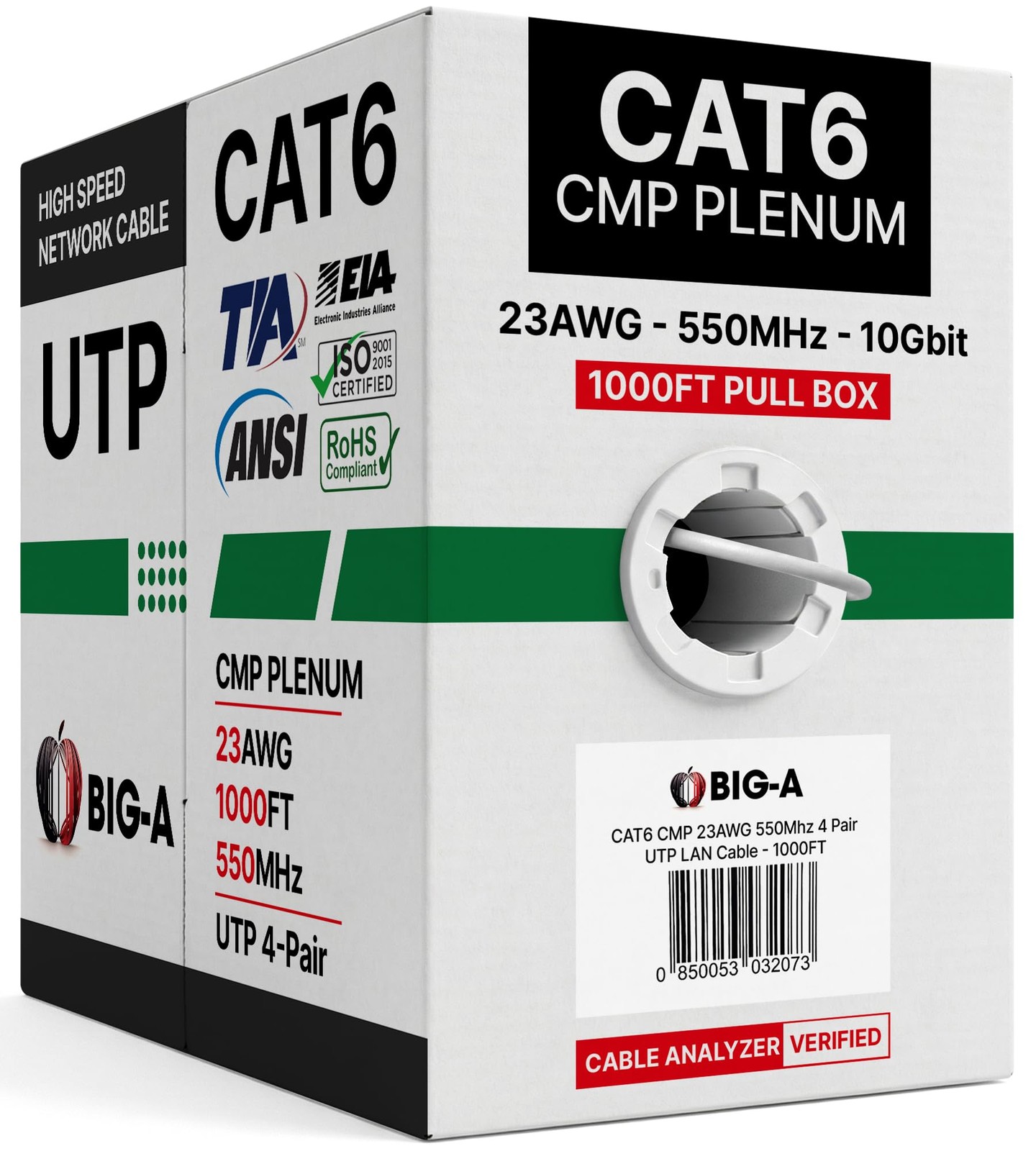 Big-A – Plenum Cat 6 Ethernet Cable 1000ft, Cat6 Cable (CMP) 550MHz Bulk Etherne