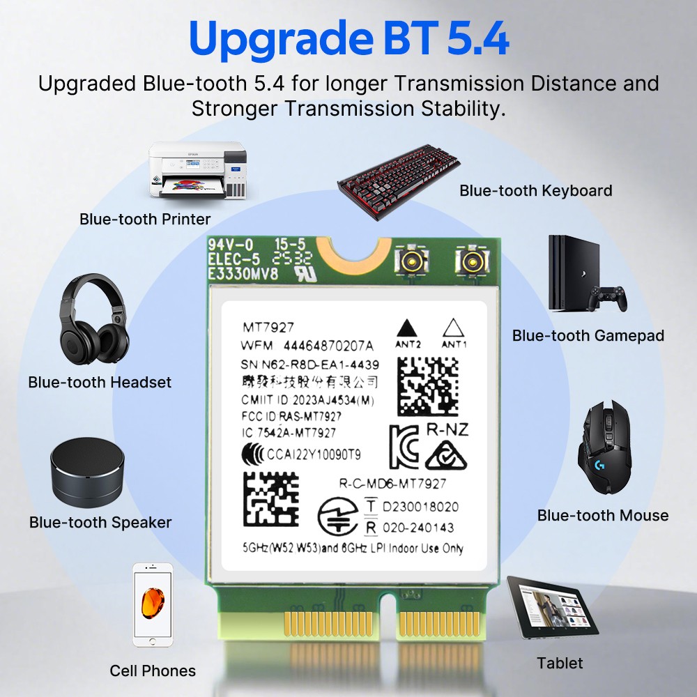 MT7927 Wi-Fi 7 Bluetooth 5.4 M.2 2230 Card 802.11be Tri-Band for PC Win11/Linux