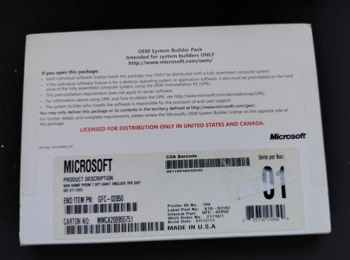 Microsoft OEM System Builders Pack Windows Professional 7 English 64-bit DVD B12