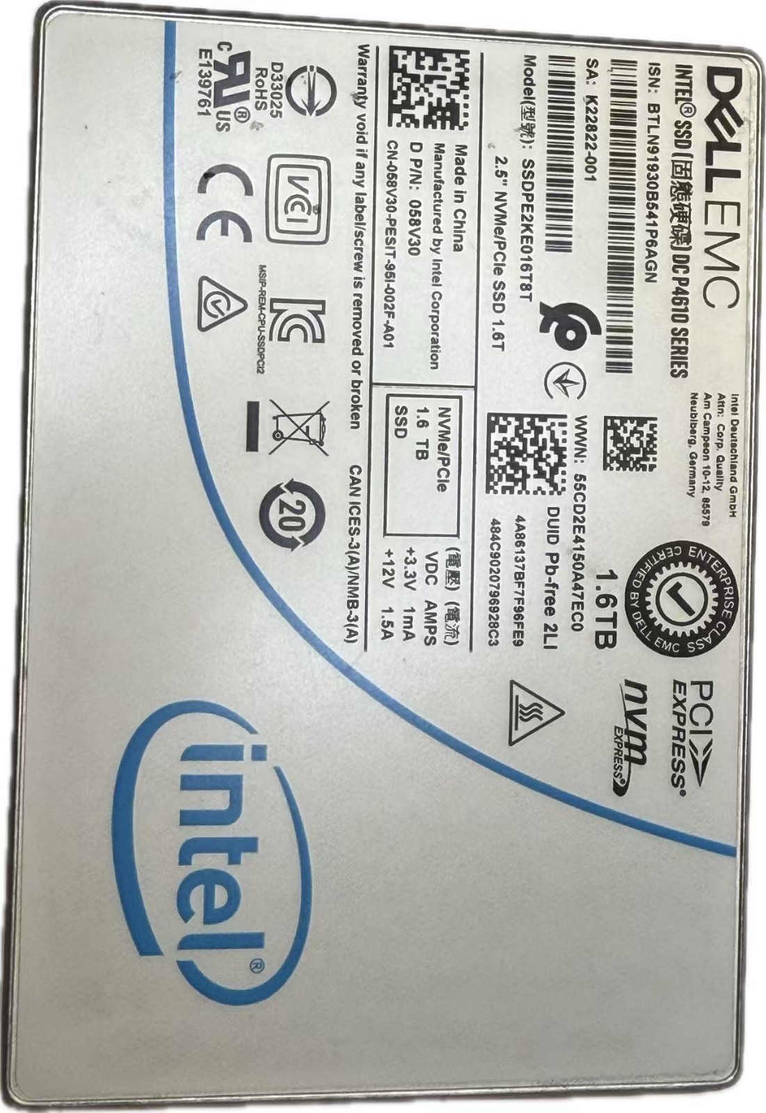 Dell EMC DC P4610 1.6TB U.2 NVMe PCIe 2.5″ SSD NO Caddy 58V30 SSDPE2KE016T8T
