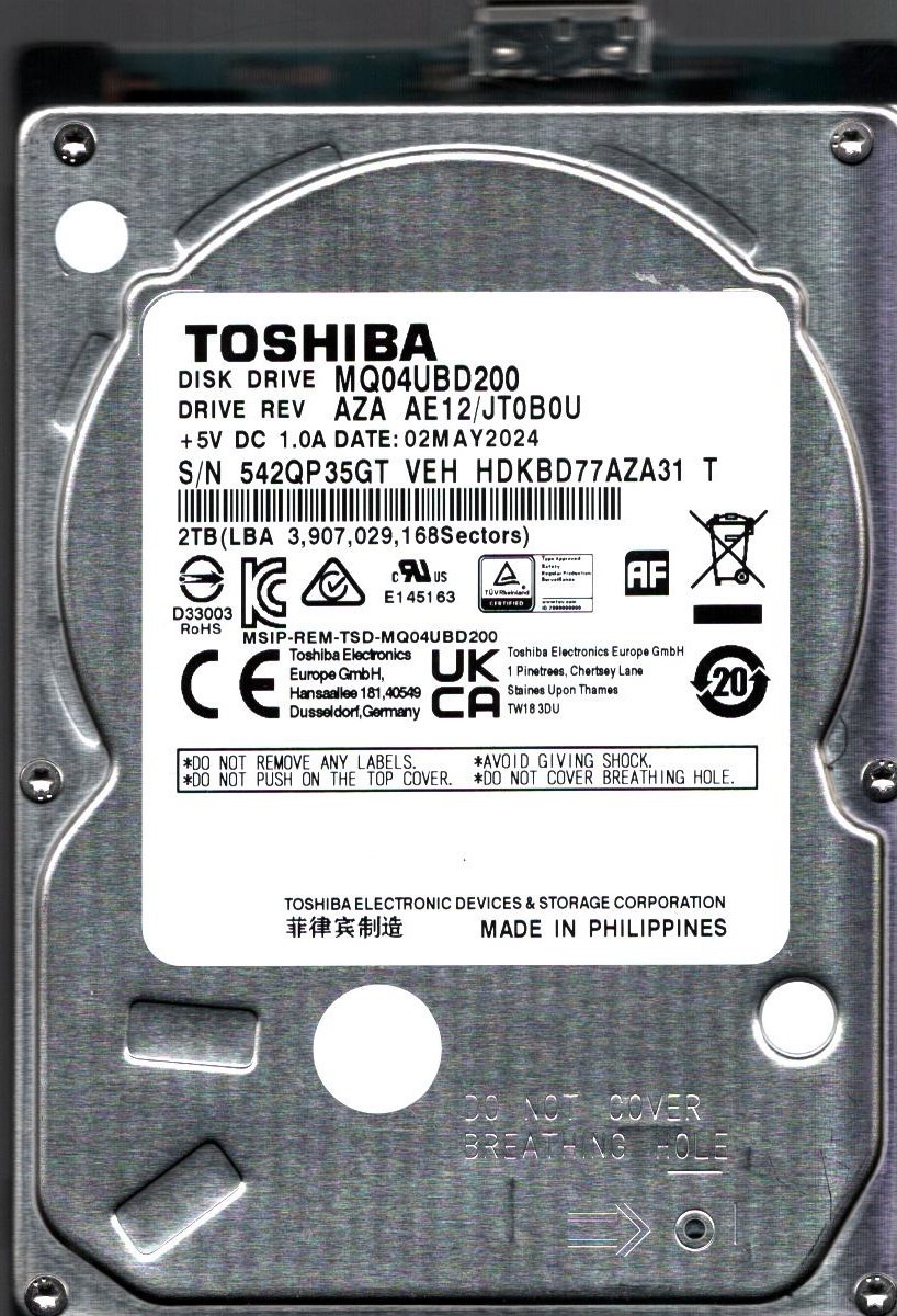 MQ04UBD200 HDKBD77AZA31 T REV: AZA AE12/JT0B0U 2TB MAY 2024 PHILIPPINES TOSHIBA