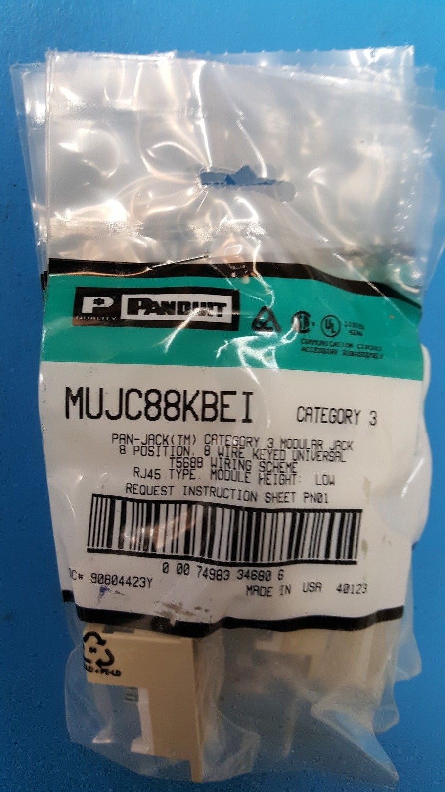 50 Pcs PANDUIT MUJC88KBEI, RJ45, 8 Position 8 Wire , Jack, Female, CATEGORY 3