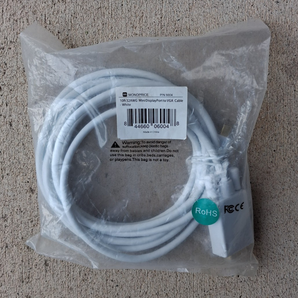 NEW Monoprice 6004 10ft 32 AWG MiniDisplayPort to VGA Cable – White