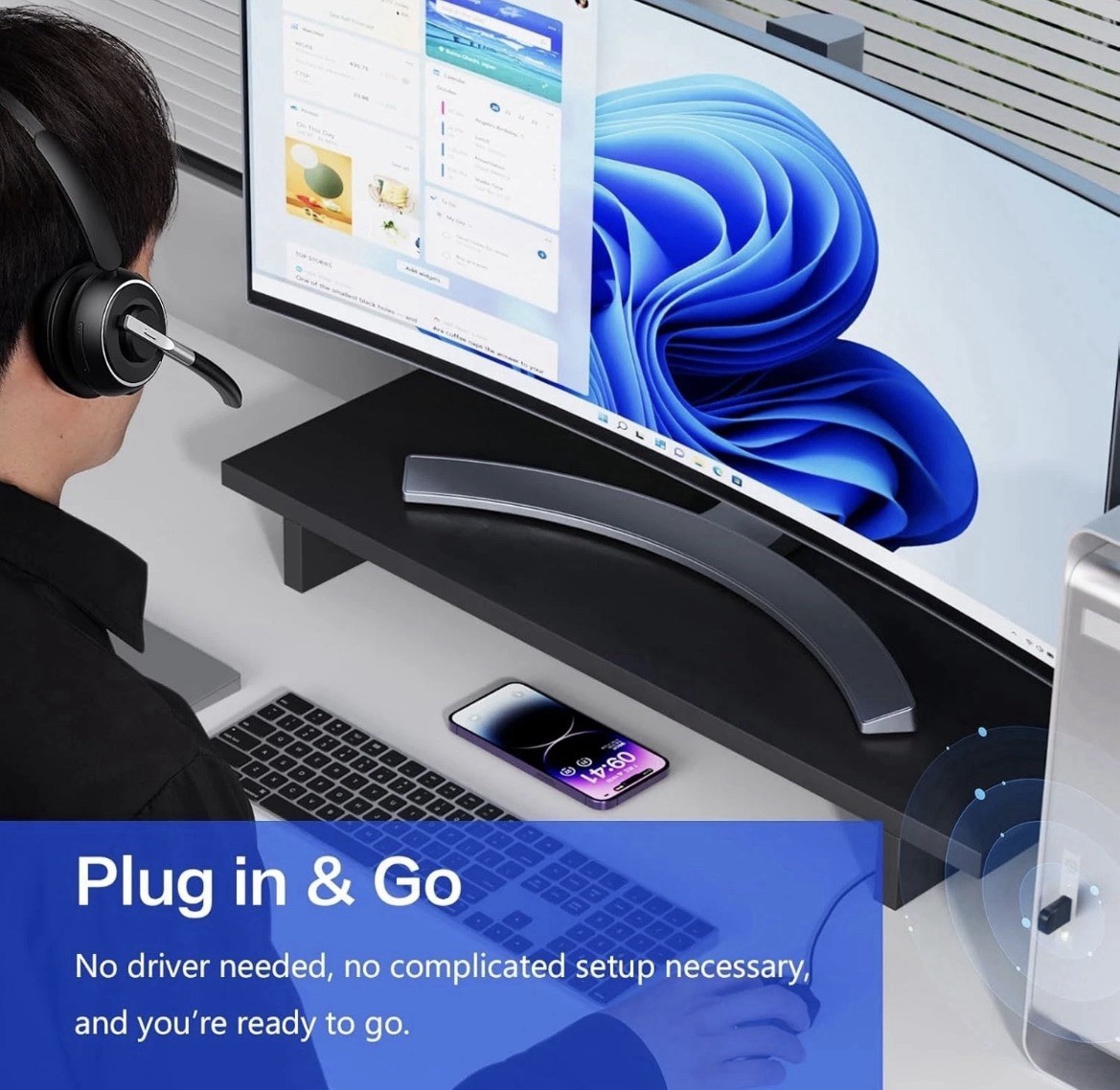 Bluetooth Wireless Mono Headset w/ Mic | USB Dongle + Charging Base