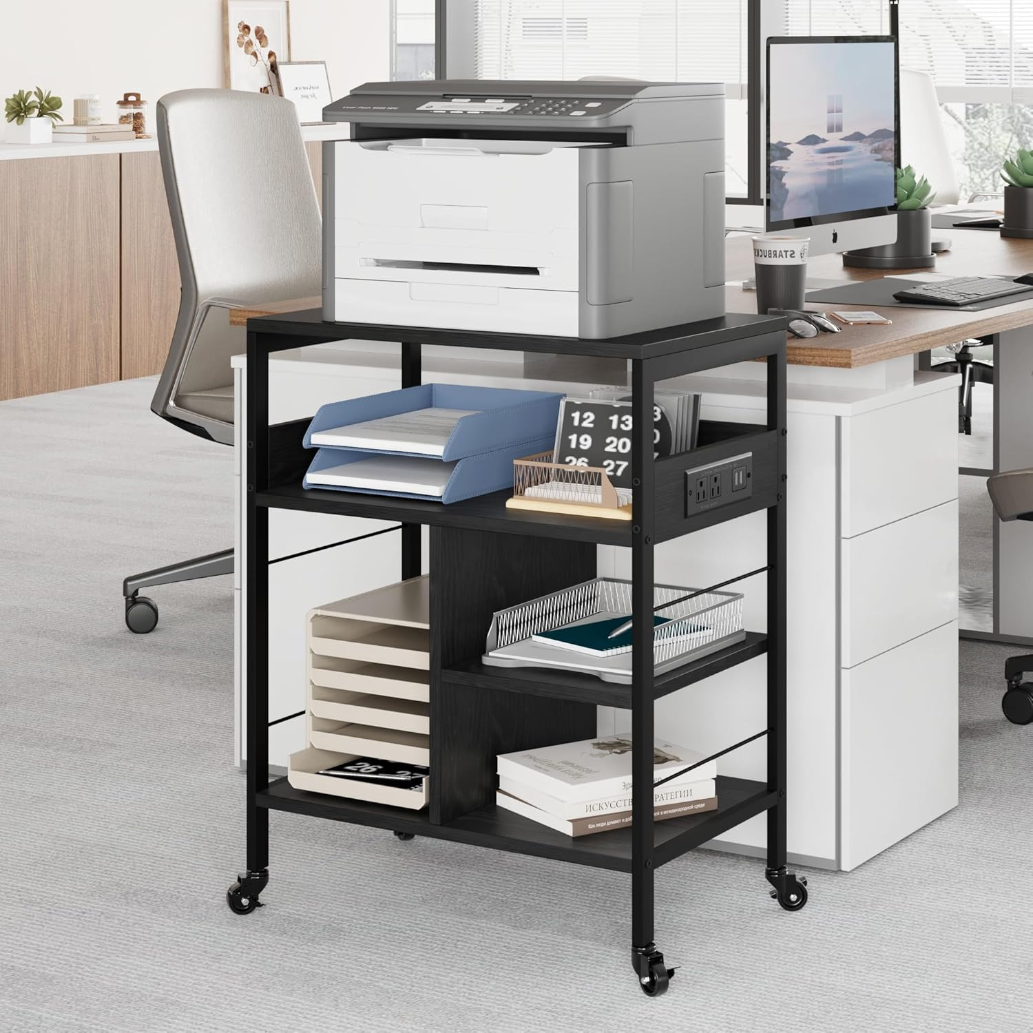Printer Stand with Power Outlets and USB Charging Ports, Large Printer Table wit