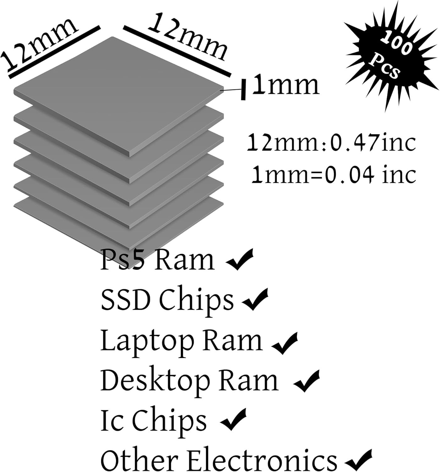 100pcs Thermal Pads 12x12x1mm Pre-Cut Silicone – PS5 GPU RAM IC Cooling Heatsink