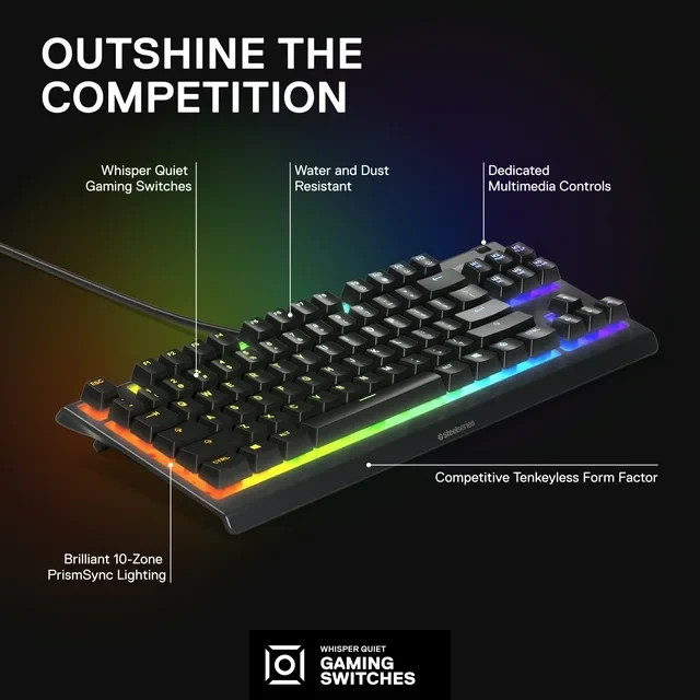 SteelSeries Apex 3 TKL RGB Gaming Keyboard, Water & Dust Resistant, USB-A