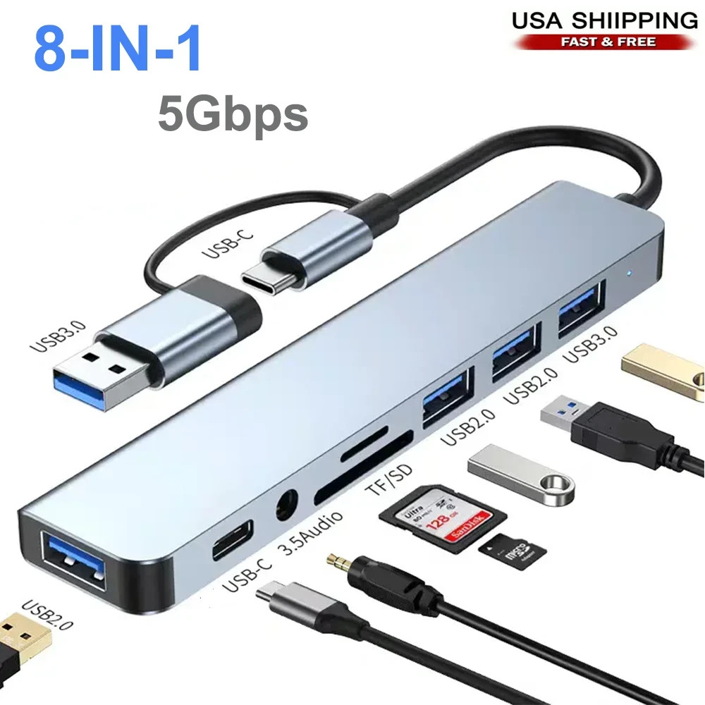 7/8 Port USB-C Hub Adapter – 5G Speed Multi Splitter for PC, Laptop & MacBook US