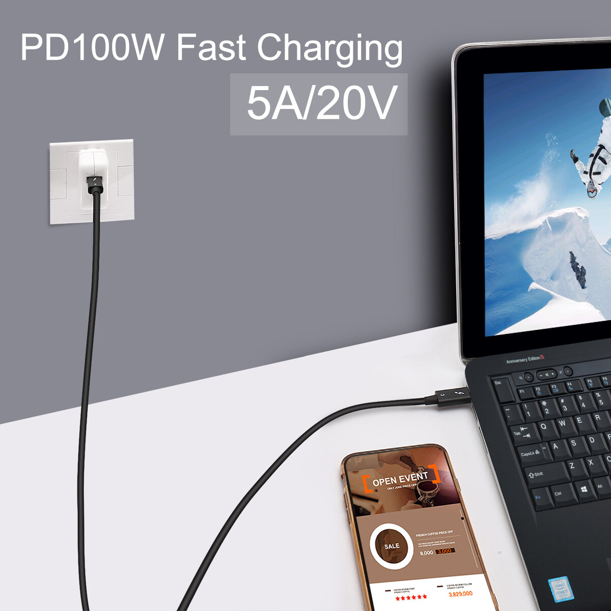 Lenovo Thunderbolt 3 Cable 0.7M 40Gbps 100W 5K 4K Display USB-C Gen 2 Video Cord