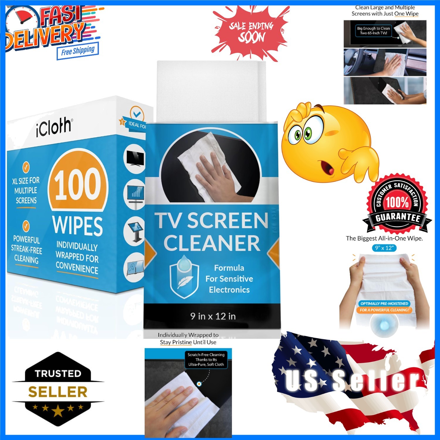 XL Screen Cleaning Wipes, Lint-Free and Streak-Free, Fast-Drying, Removes Dus…