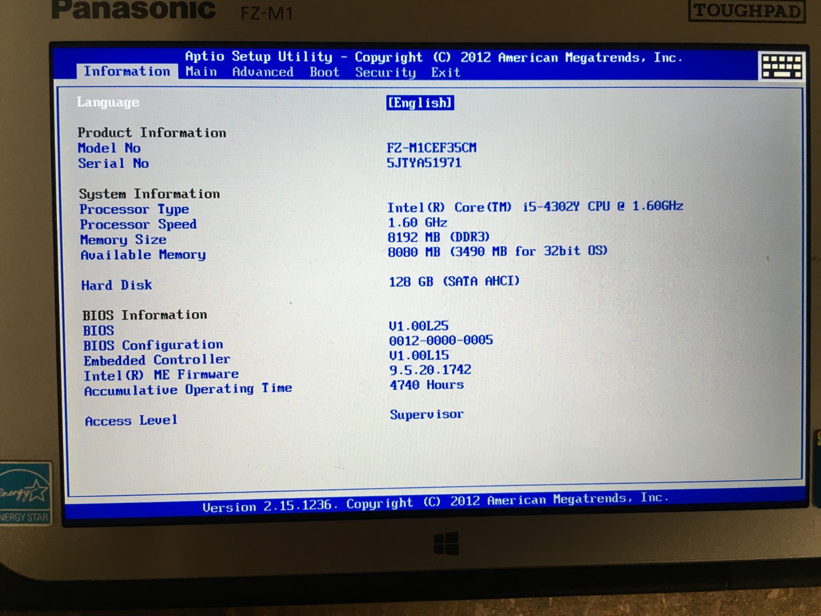 4740 Hours Panasonic TOUGHPAD FZ-M1 7″ Core i5-4302Y 1.60GHz 128GB 8GB Win10