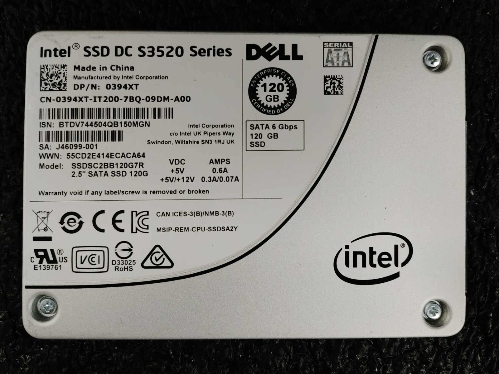 Dell 394XT SSDSC2BB120G7R DCS3520 Series 120GB 6Gbps SATA 2.5inSSD w/ Trail 3.5″