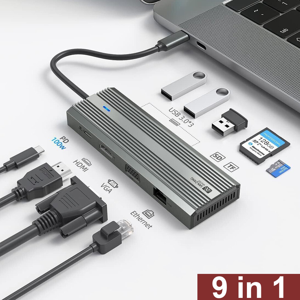 9in1 Hub Laptop Dock Station Type C HDMI 4K TF VGA RJ45 PD 100W USB 3.0 Adapter