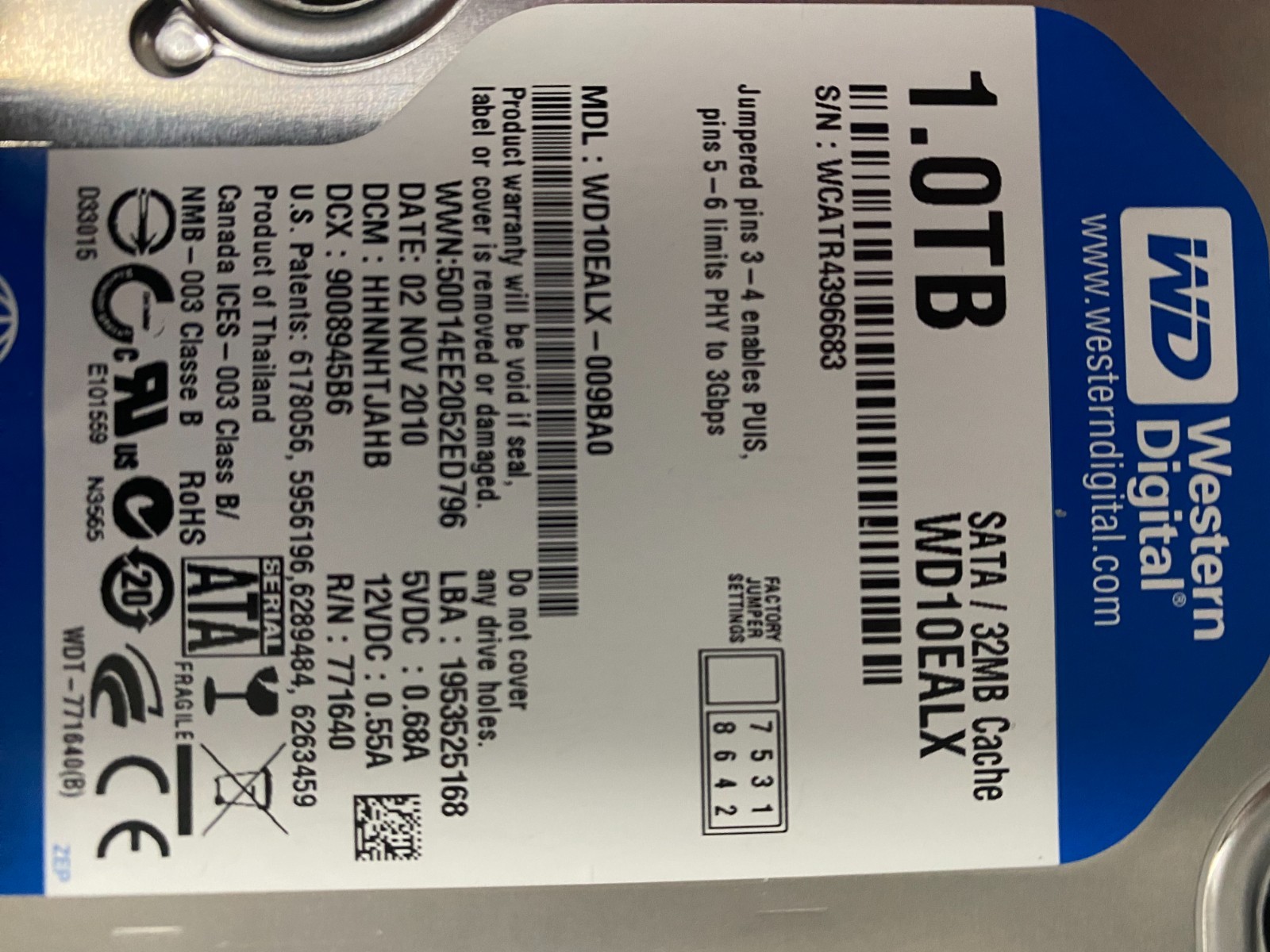 Western Digital Caviar Blue 1000GB Internal 7200RPM 3.5″ (WD10EALX) HDD