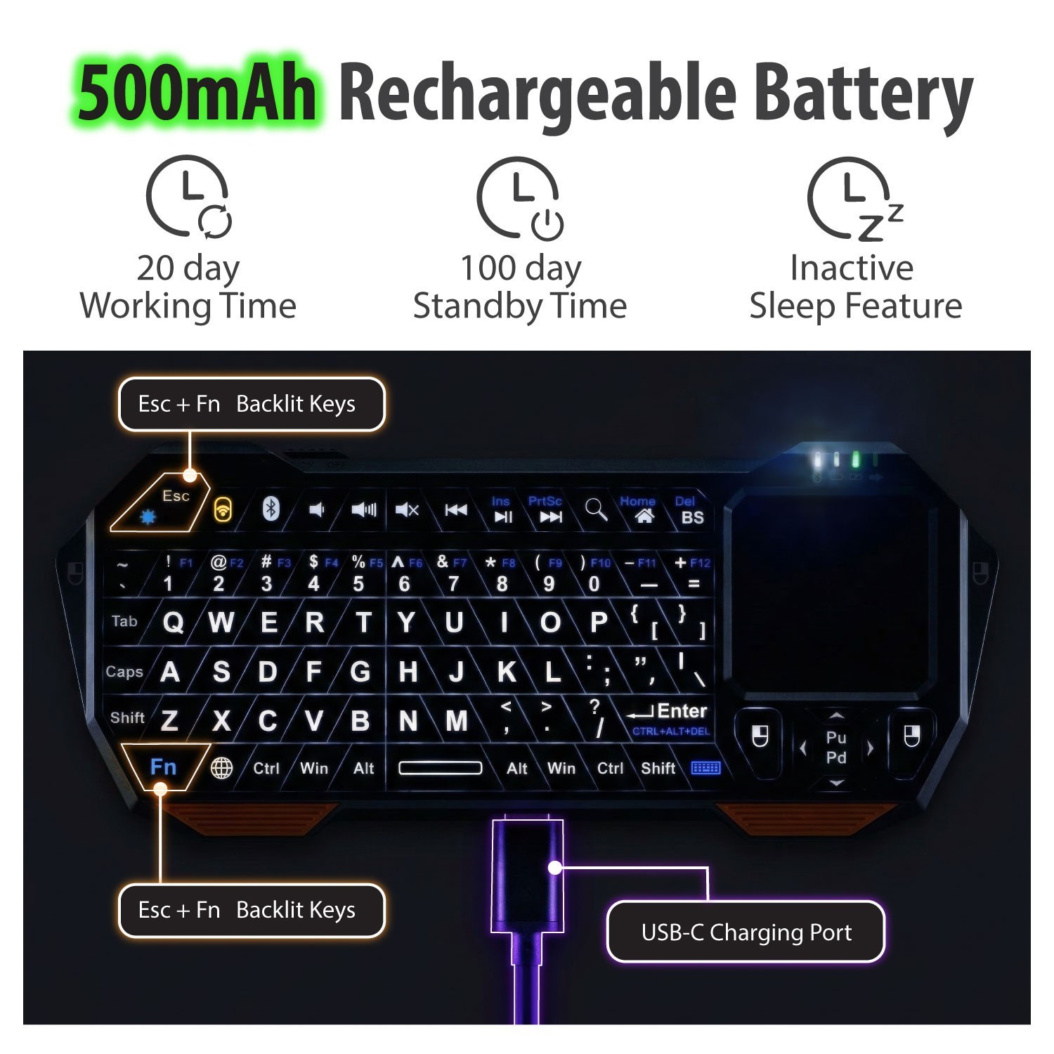 30ft Range Mini Wireless Bluetooth Keyboard w/ Touchpad for PS4 PC VR