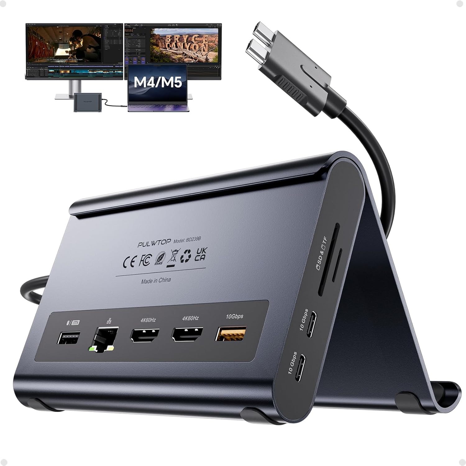 New – Pulwtop MacBook Docking Station Dual Monitor 4K@60Hz, Vertical (Midnight)