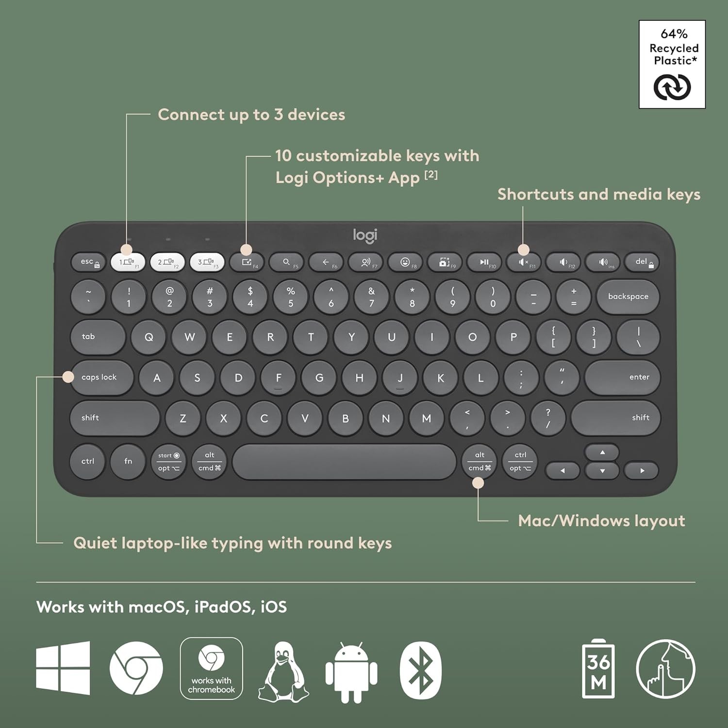 Logitech Pebble Keys 2 K380s Bluetooth Keyboard Slim Multi-Device Tonal Graphite