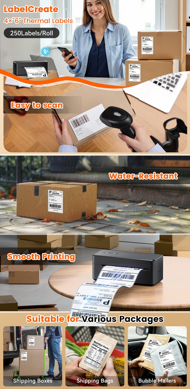 Phomemo 4X6 Thermal 250 Label Rolls for D450BT Shipping 100*150mm Label Printer