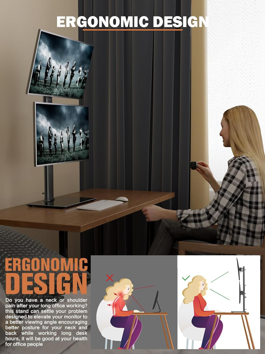 Dual Vertical Monitor Stand Mount 2 Screens 13-34 Inch Swivel Tilt Height Adj
