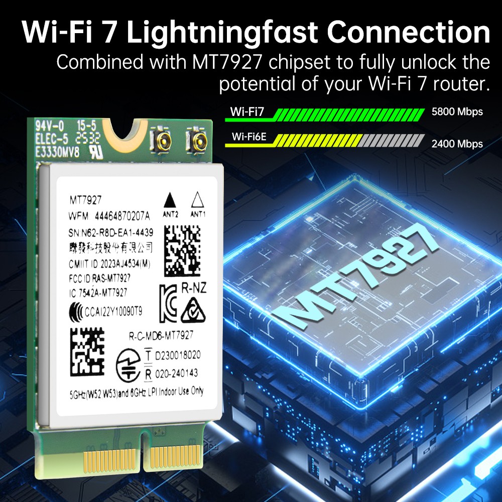 MT7927 Wi-Fi 7 Bluetooth 5.4 M.2 2230 Card 802.11be Tri-Band for PC Win11/Linux