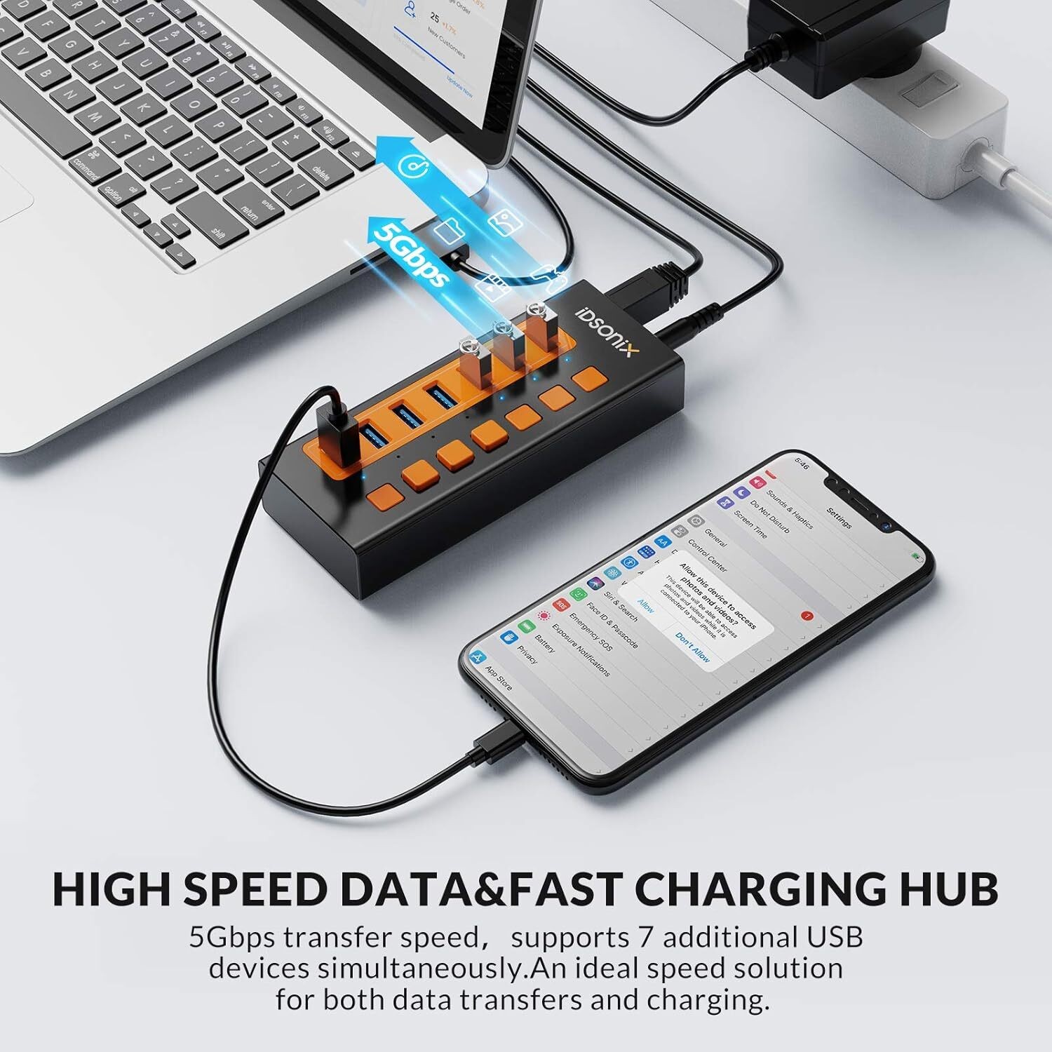 IDsonix 7 Port USB 3.0 Hub Charger Switch Splitter Powered AC Adapter for Laptop