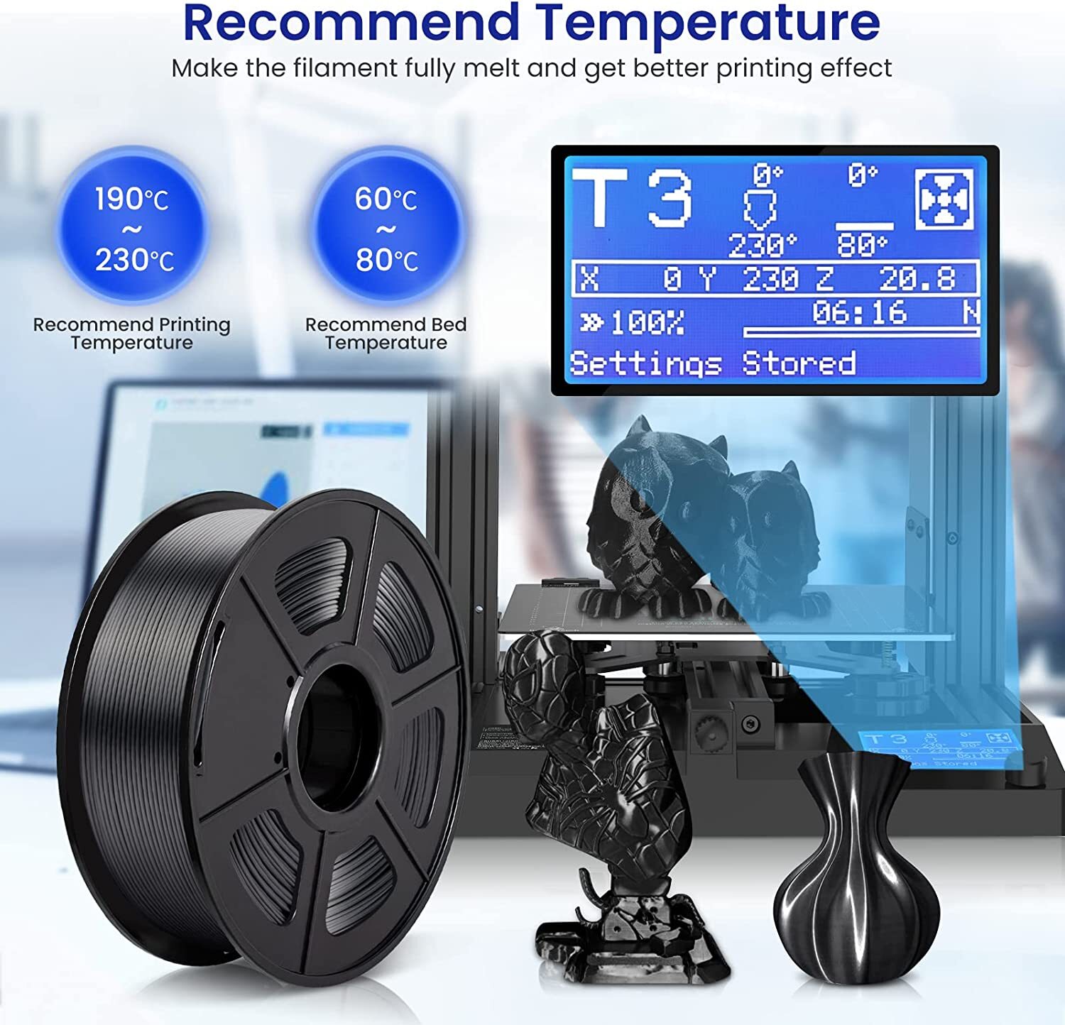 JAYO 1.1KG SILK PLA 3D Printer Filament 1.75mm +/-0.2mm Black Shiny Metallic FDM