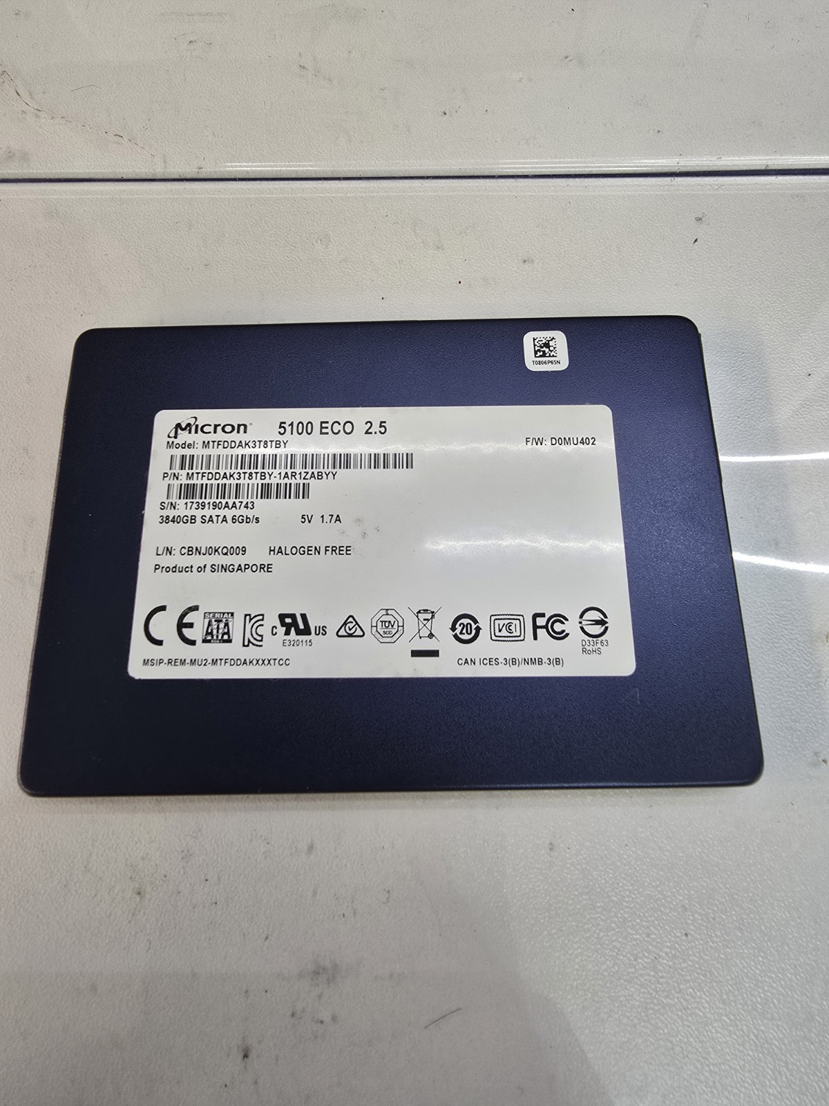 MICRON 5100 ECO MTFDDAK13T8TBY SSD 3.84TB SATA 6Gb/s 2.5″ 512 b/s 100% Health