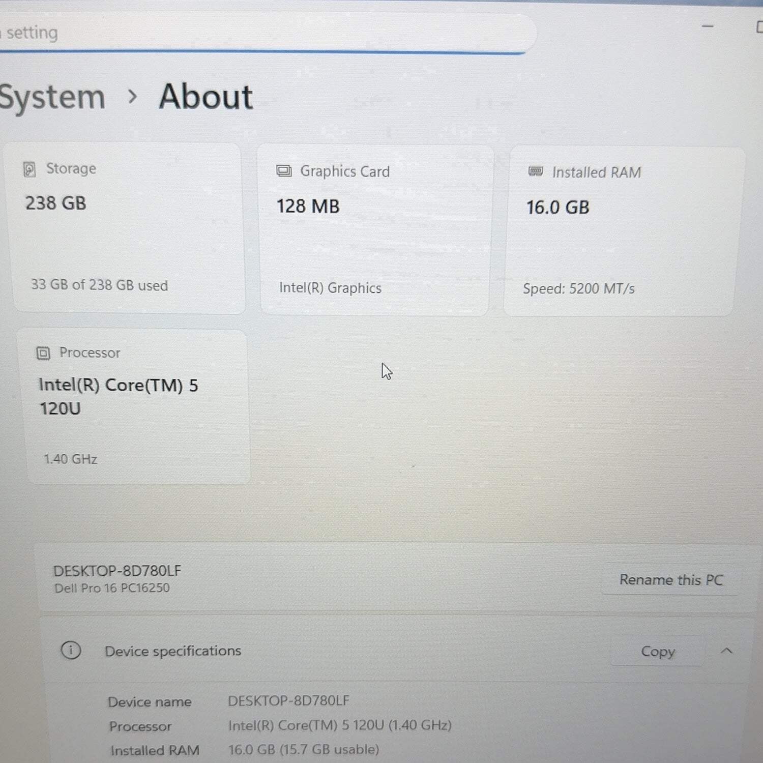 Dell Pro 16 PC16250 16″ Core 5 120U 1.4GHz 16GB RAM 256GB SSD
