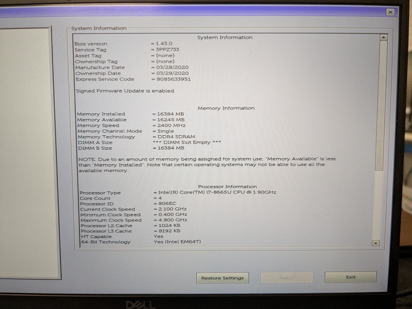 DELL LATITUDE 7400, Intel Core i7-8665U, 1.90 GHz, 16 GB RAM, 256 GB M.2