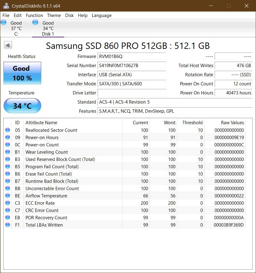 *Low Writes* Samsung 860 Pro 512GB 3D V-NAND SSD (MZ-76P512) 6Gb/s 2.5″ 7mm