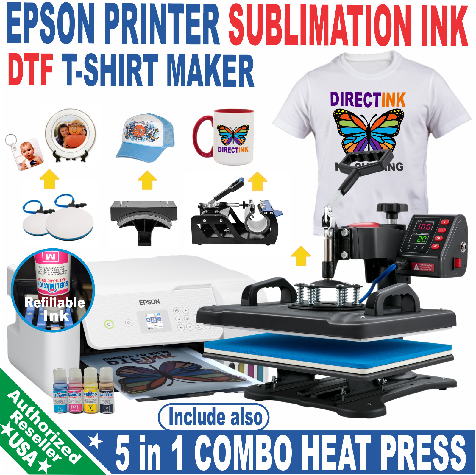 Epson Printer with Sublimation ink Bundle + 5-in-1 Heat Press / DTF T-Shirt Bund