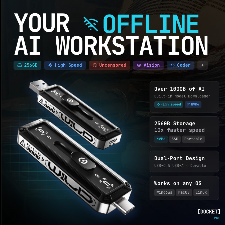 Docket Pro Offline AI 14+ Models 256GB Portable High-Speed SSD, USB-C/A,