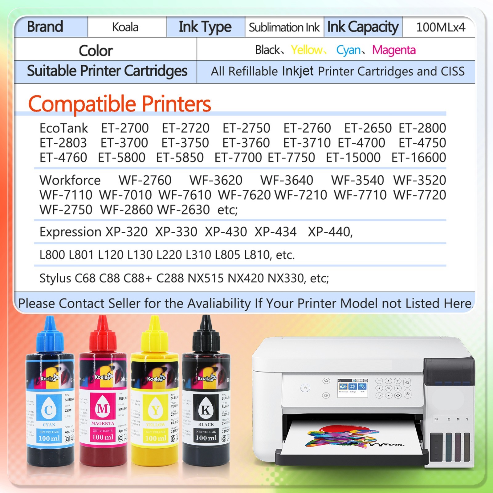 1600ML Bulk Koala Sublimation Ink for Epson Et 2720 2760 2803 2850 Wf 7710 7720